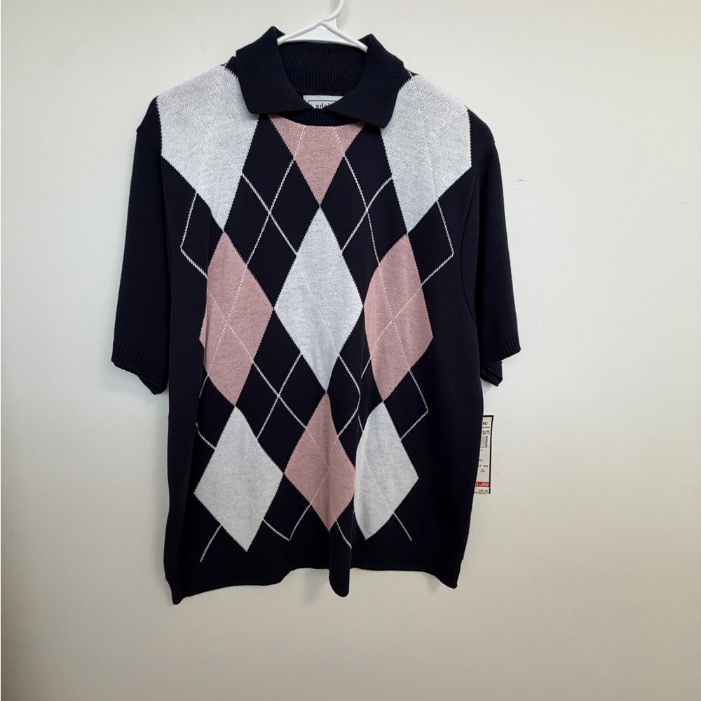 Vintage Alfred Dunner Navy,  White & Light Pink Argyle Sweater